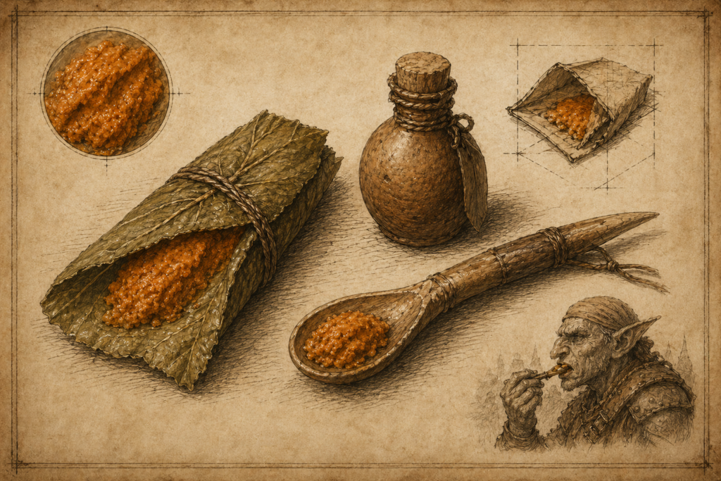 Mellowroot alchemical paste in a waxed leaf packet with a horn spoon, clay ampoule, and goblin raider use sketch
