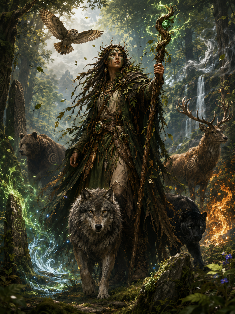 Druid in a living ancient woodland, embodying Wild Shape, primal magic and the guardianship of sacred places