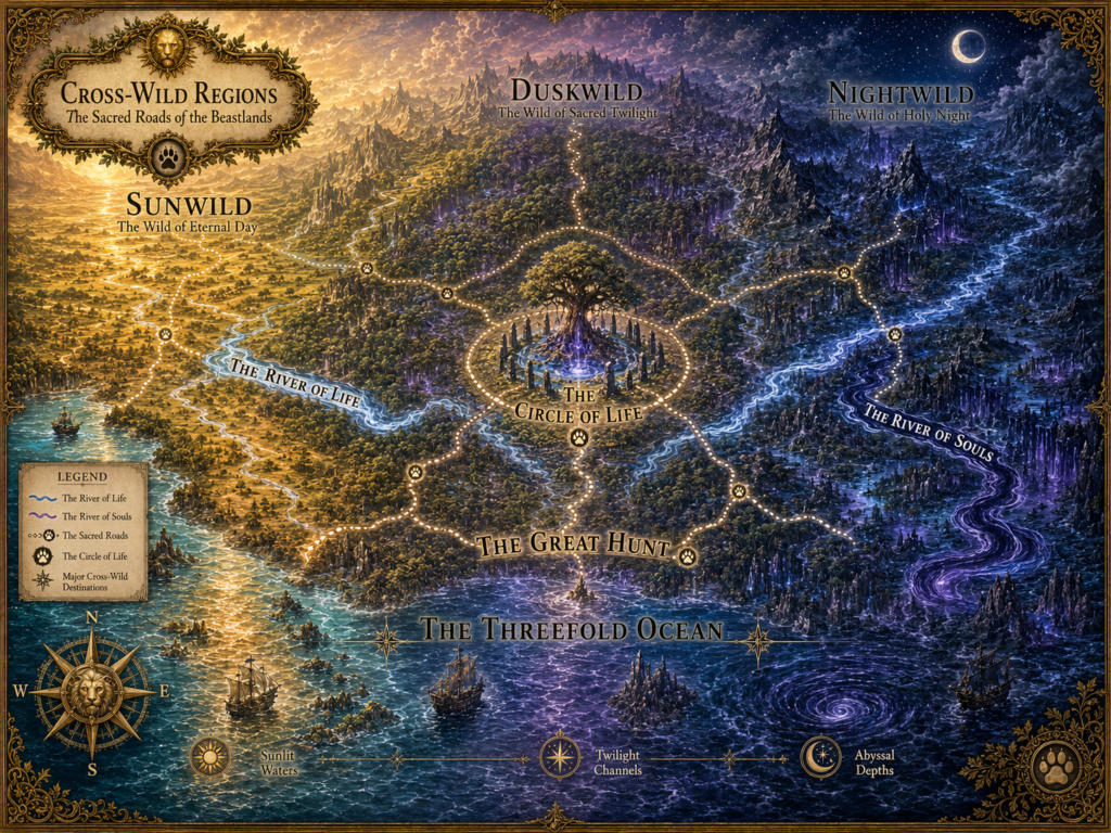 Map of the Cross-Wild regions of the Beastlands