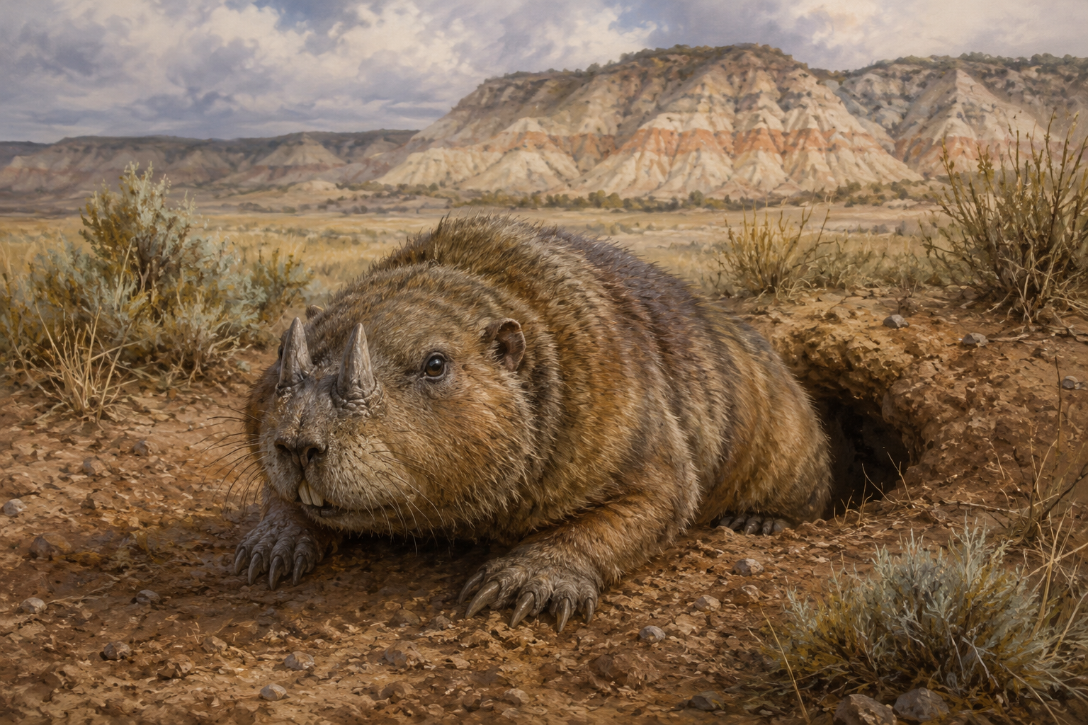 Epigaulus horned burrowing rodent at the mouth of its burrow