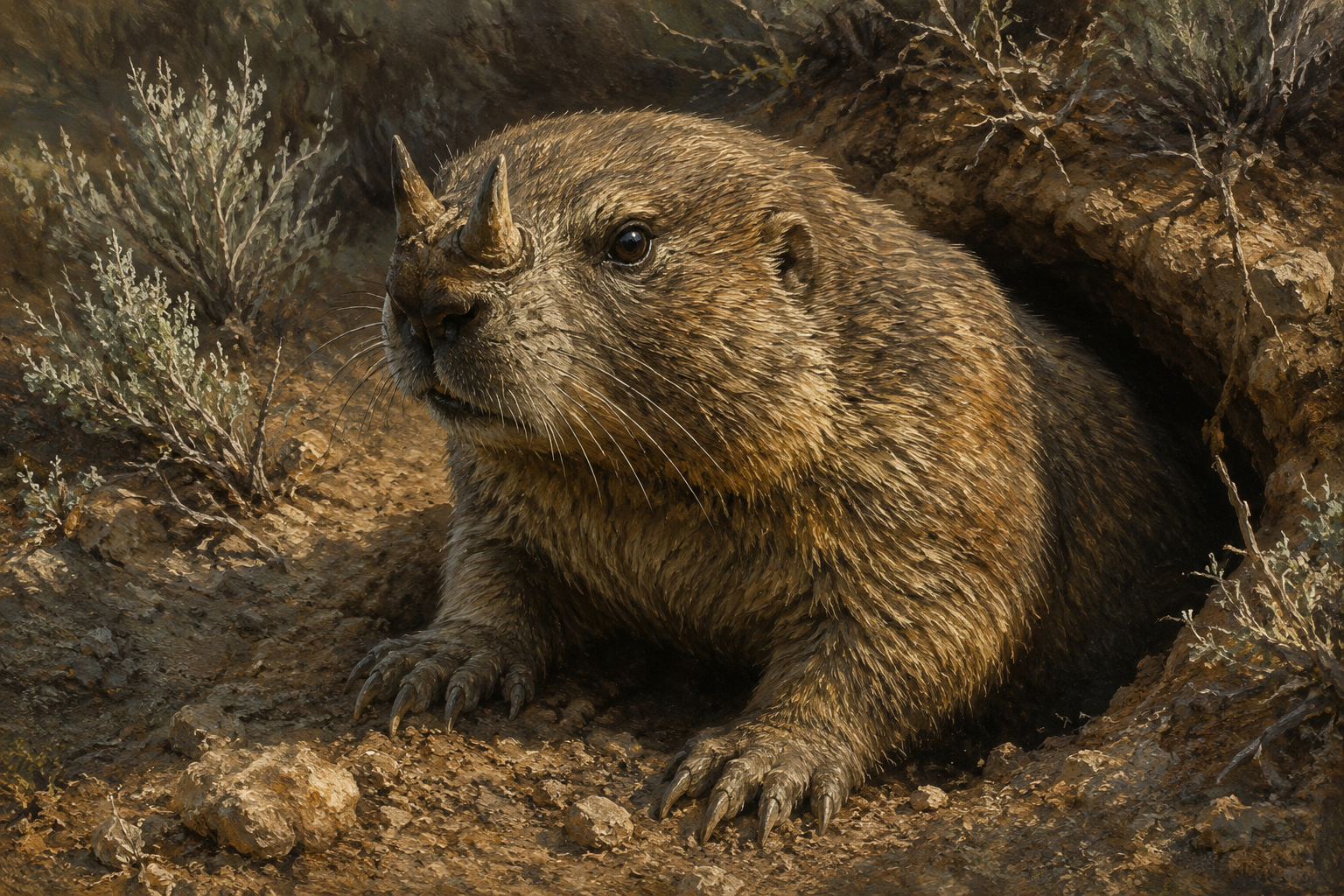 Epigaulus horned burrowing rodent in North American badlands habitat