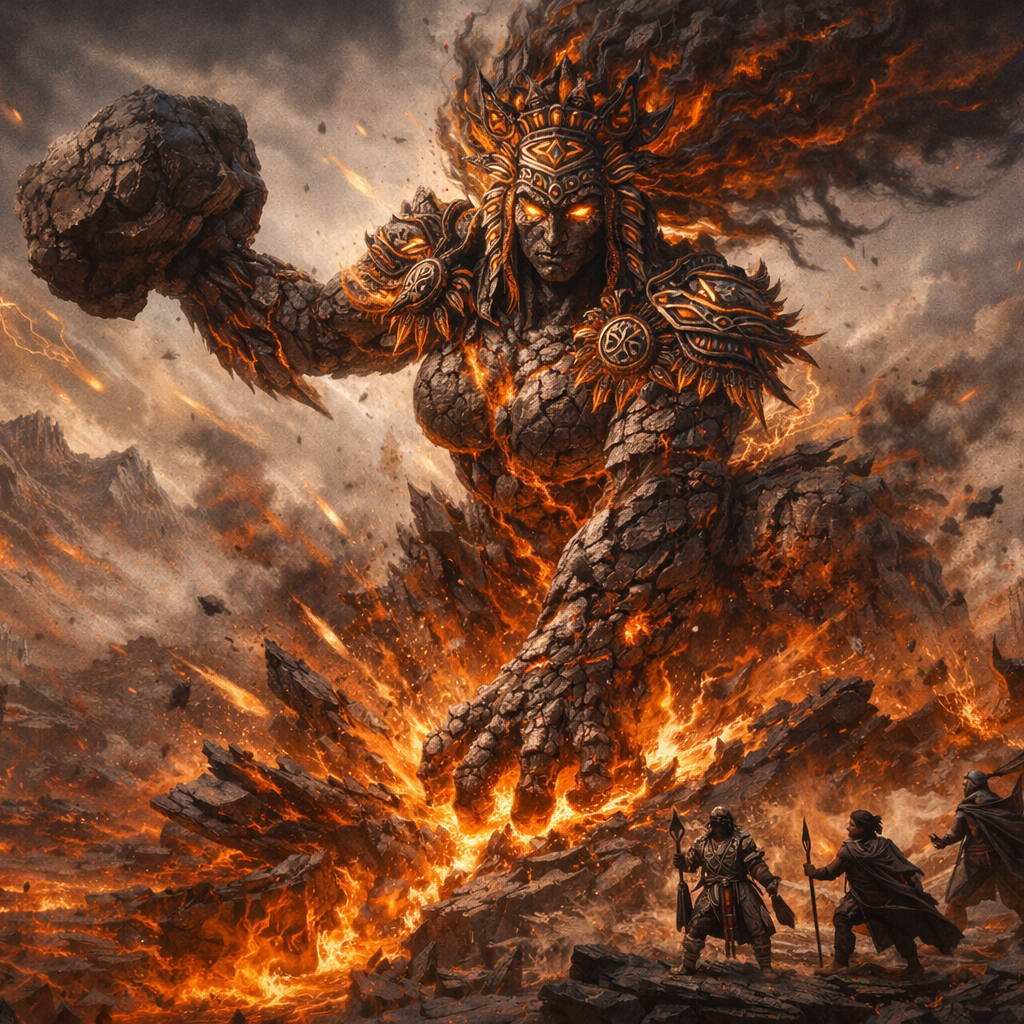 God, QAMAITS — Breaker of the First World mythic deity illustration
