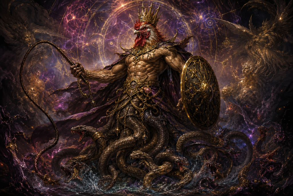 Abraxas, the rooster-headed demon prince, holding a whip and shield above a writhing mass of serpents in the occult realm of Pleroma.