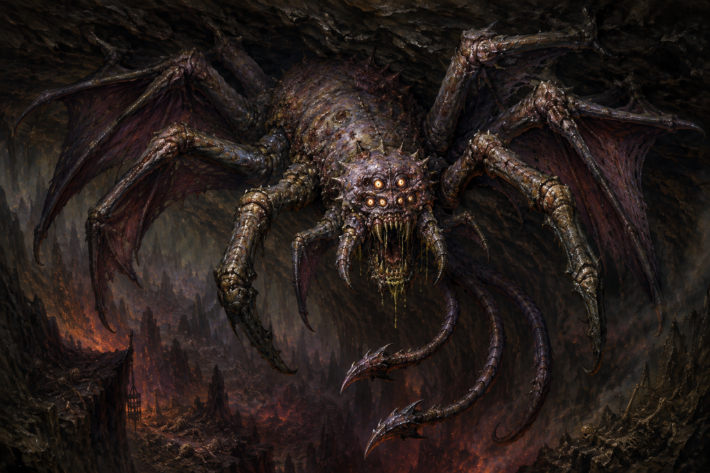 A hand-painted dark fantasy illustration of the Qlippoth Augnagar, a colossal spider-like predator from the deepest Abyss. The creature has eight powerful legs joined by leathery wing membranes, six glowing eyes, three barbed tails and a vast, rot-dripping jaw. It hangs above an infernal chasm, waiting to descend upon demons and other Qlippoth.