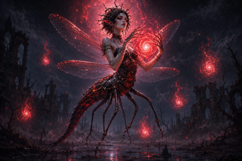 A hand-painted fantasy illustration of a Banelight hovering above a ruined nocturnal landscape. The creature has a woman’s head and arms joined to a dragonfly-like body with six legs and four transparent wings. A brilliant red vortex forms between her hands while crimson will-o’-wisps illuminate the darkness.