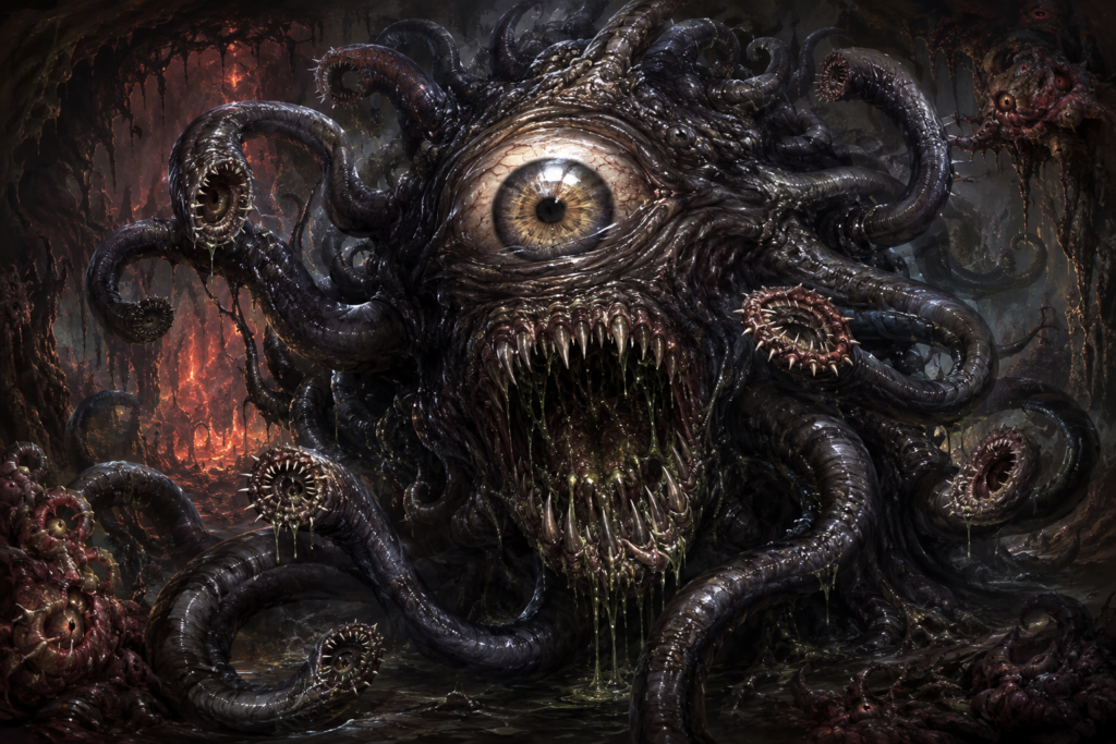 Chernobue qlippoth with a single cyclopean eye, fanged belly maw and writhing black tentacles in the Abyss