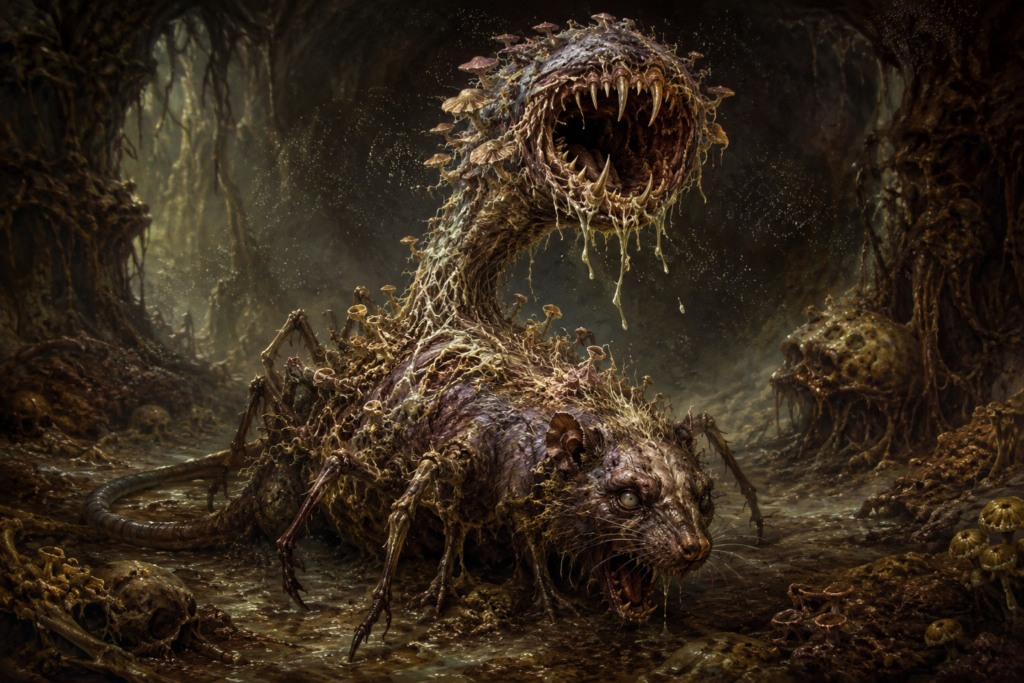 A cythnigot qlippoth inhabiting and deforming the corpse of a small animal, with a fungal stalk ending in a fanged mouth.