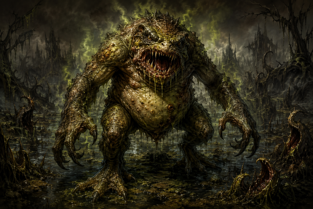 A hand-painted fantasy illustration of a hezrou, a powerful toad-like demon dwelling in the swamps and waterways of the Abyss. The creature has a massive hunched body, clawed hands, mottled skin and a fang-filled mouth. Toxic mist, brackish water and twisted vegetation reflect the demon’s corrupting presence.