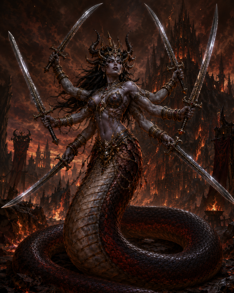 Marilith demon with six arms wielding swords and a single serpentine tail before a burning Abyssal fortress