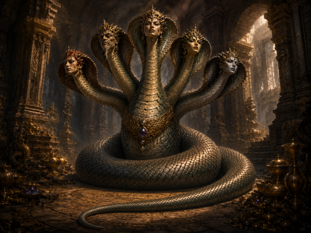 Royal naga with five regal humanoid faces rising from one enormous coiled serpent body inside a ruined treasure-filled temple.
