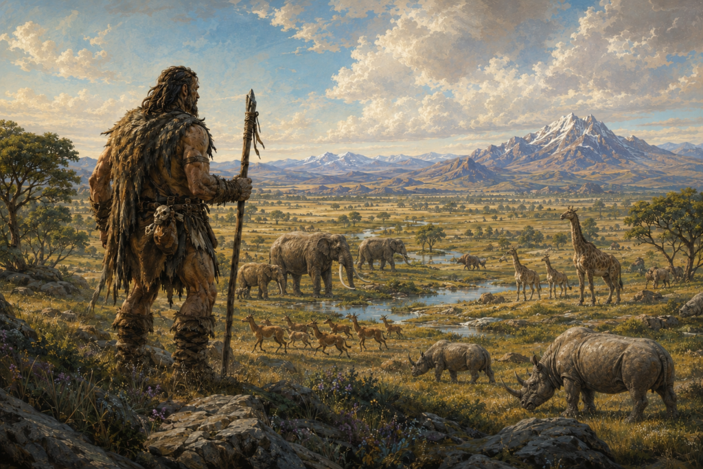 A giant surveys the widening grasslands and great animal herds of the Neogene Age of Open Lands.