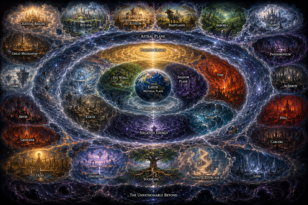 Fantasy RPG planes of existence surrounding the Material Plane in the SpiralWorlds cosmology