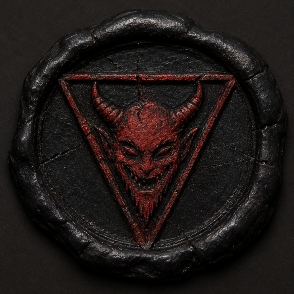 Black wax seal of Zimimar showing a red smiling fiend within an inverted triangle