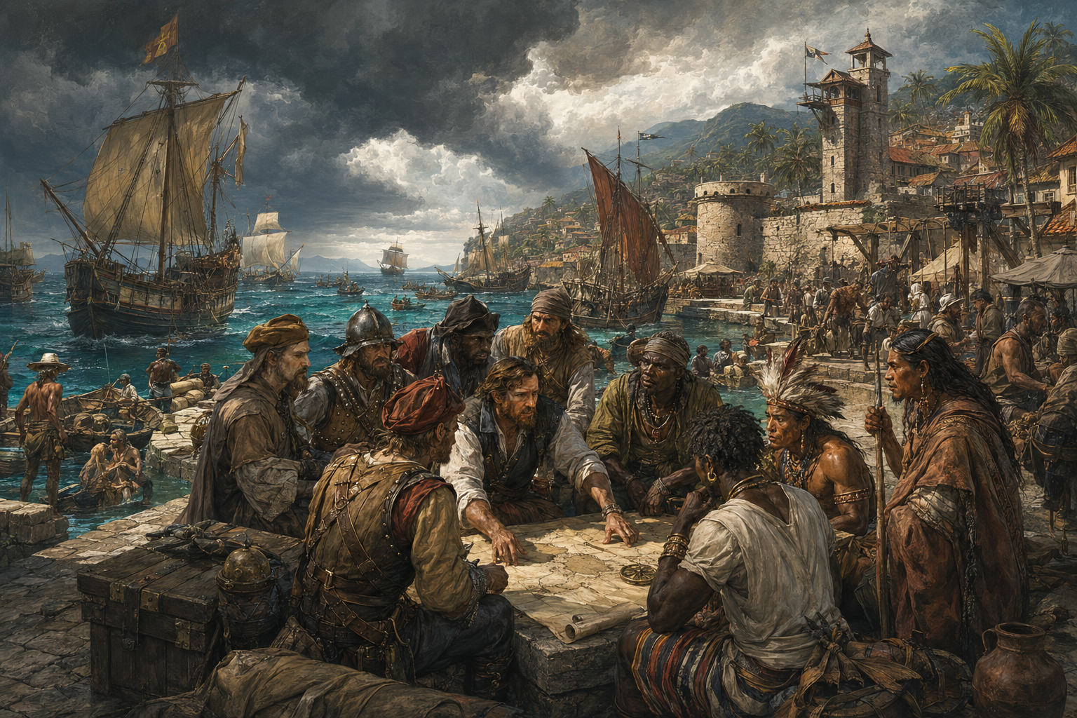 Brethren of the Coast captains, maroon leaders, Indigenous representatives and sailors holding council beside a fortified Caribbean harbour