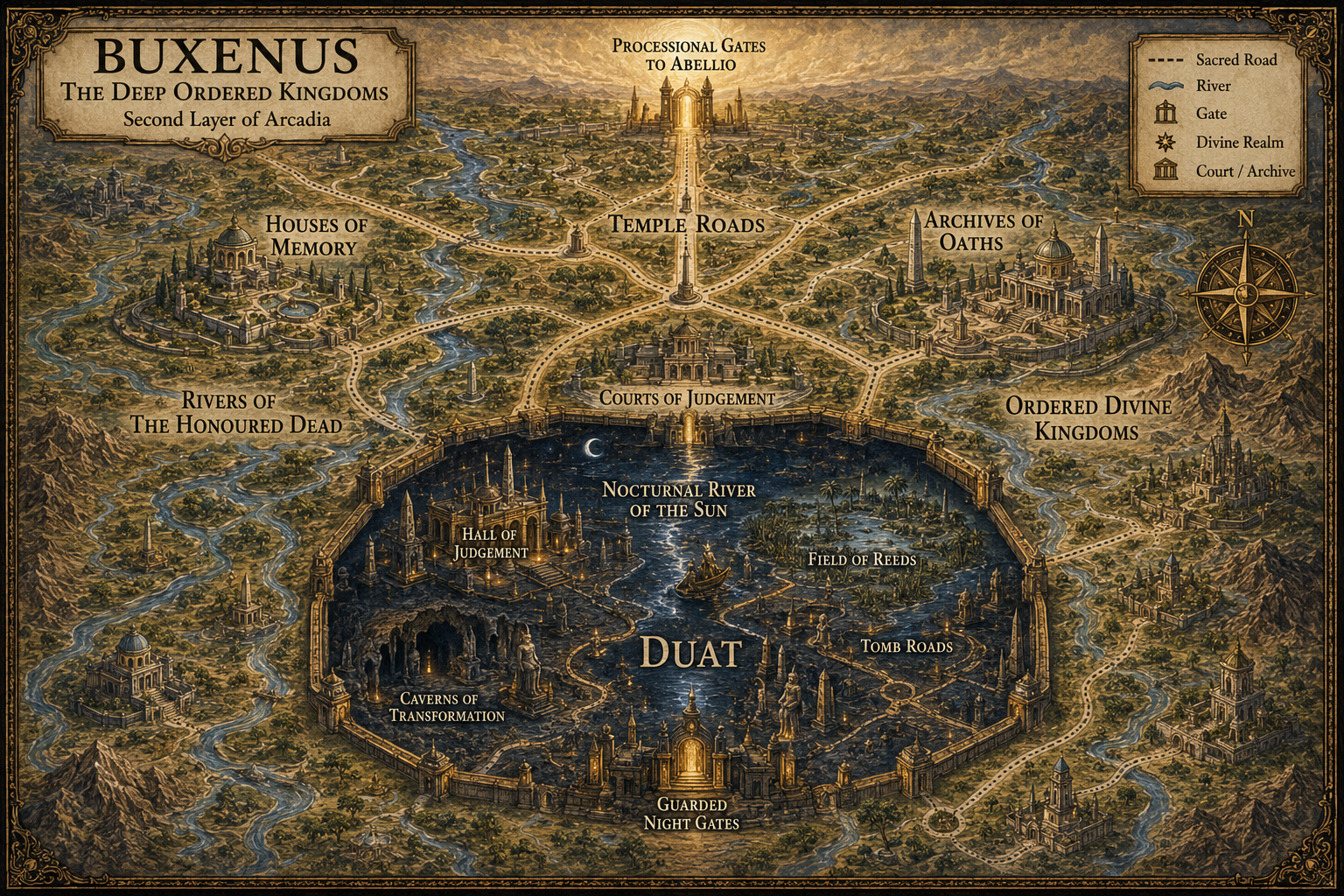 Map of Buxenus showing the Temple Roads, Houses of Memory, Archives of Oaths, Courts of Judgement, Rivers of the Honoured Dead, Ordered Divine Kingdoms, Processional Gates to Abellio and the bounded realm of Duat