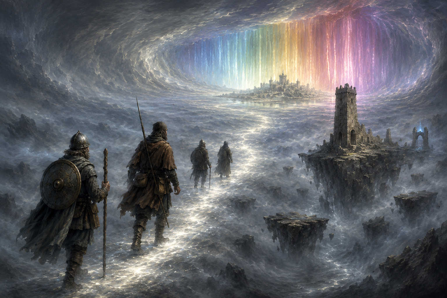 Late-medieval planar travellers follow a luminous current through the silver mist of the Deep Ethereal towards a distant colour curtain and demiplane shore