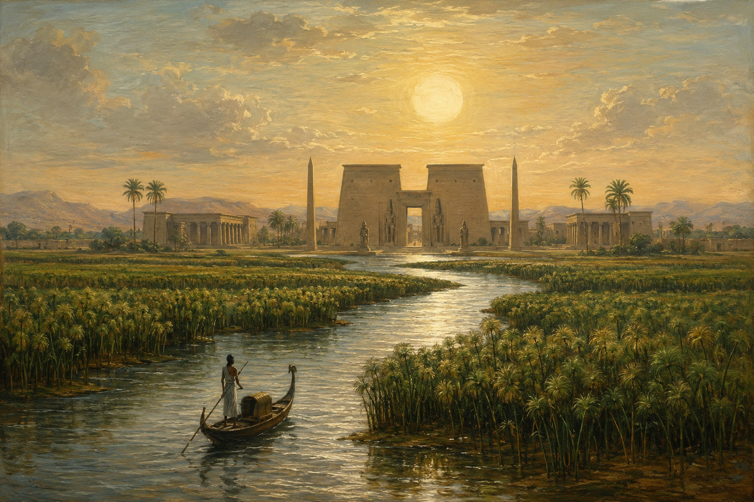 A silver nocturnal river passing through papyrus fields toward an ordered temple gate beneath the renewed sun in Duat within Buxenus