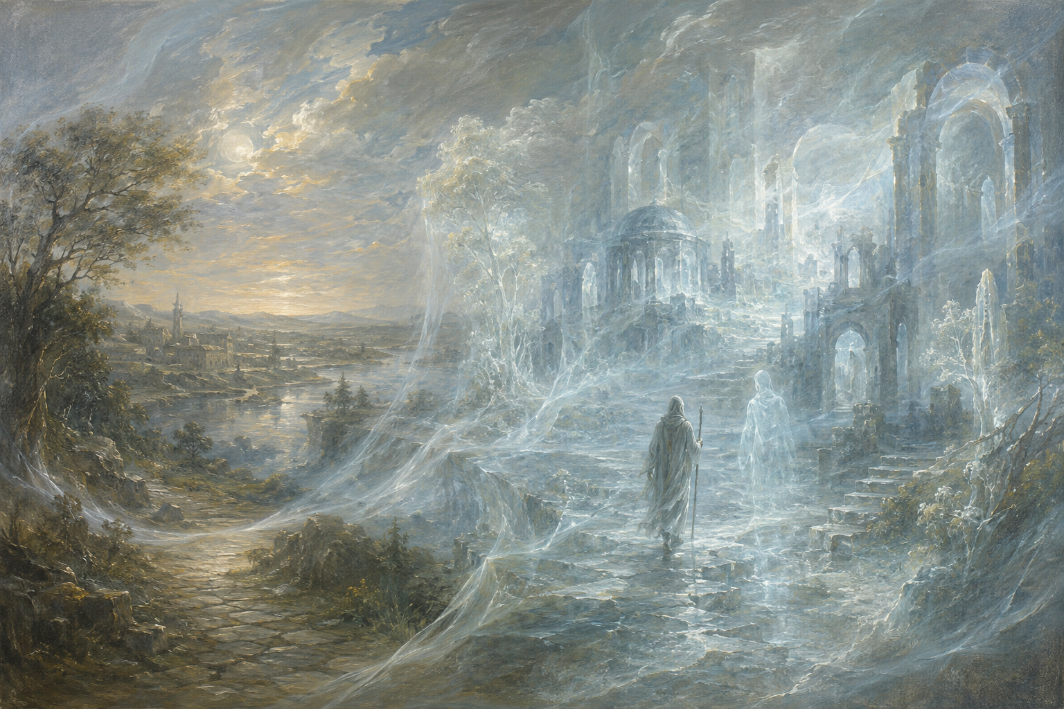 A traveller crosses from a late-medieval landscape into its pale overlapping reflection within the Ethereal Plane