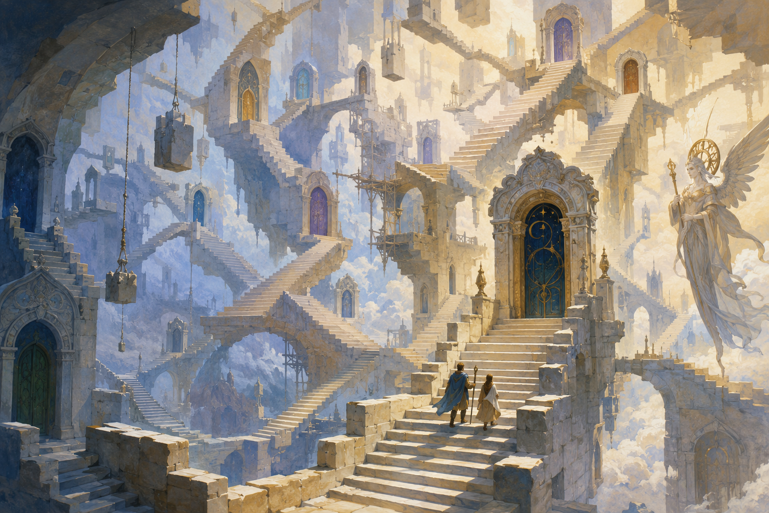Travellers climb the Infinite Staircase among shifting landings, mysterious doors and unseen construction
