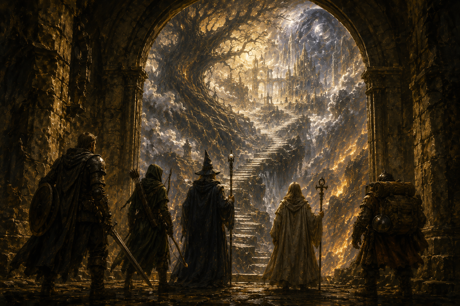 Late-medieval adventurers approaching an ancient threshold opening onto a great road between planes