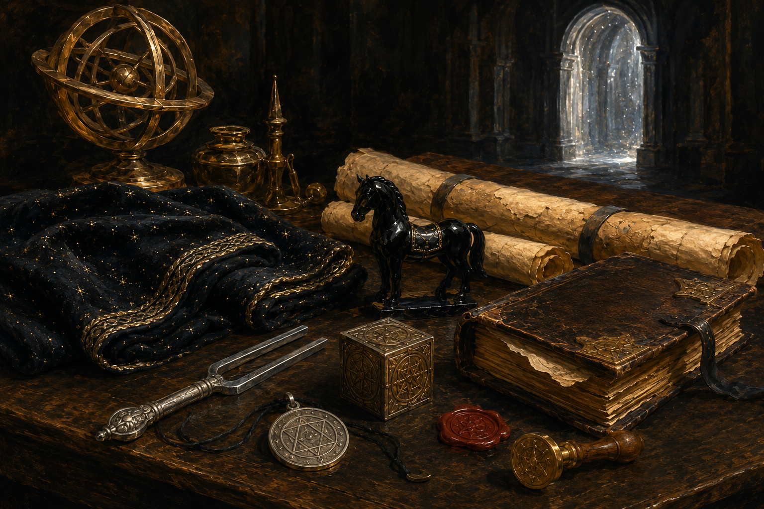 Planar traveller’s instruments arranged on a late-medieval scholar’s table, including a tuning fork, amulet, cubic gate, starry robe, obsidian horse, route charts, seals and spellbook