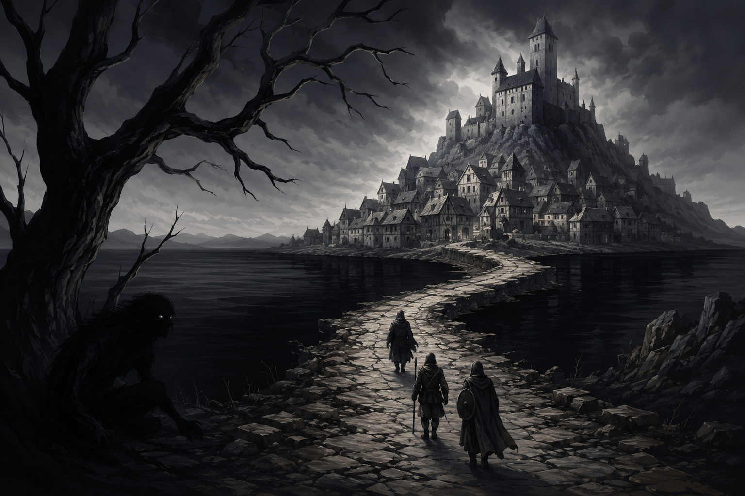 Three travellers cross a black causeway toward a compressed village and hilltop castle in the colourless Shadow Plane