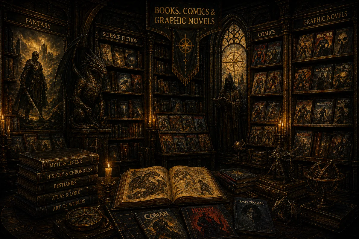 A candlelit fantasy library filled with books, comics and graphic novels