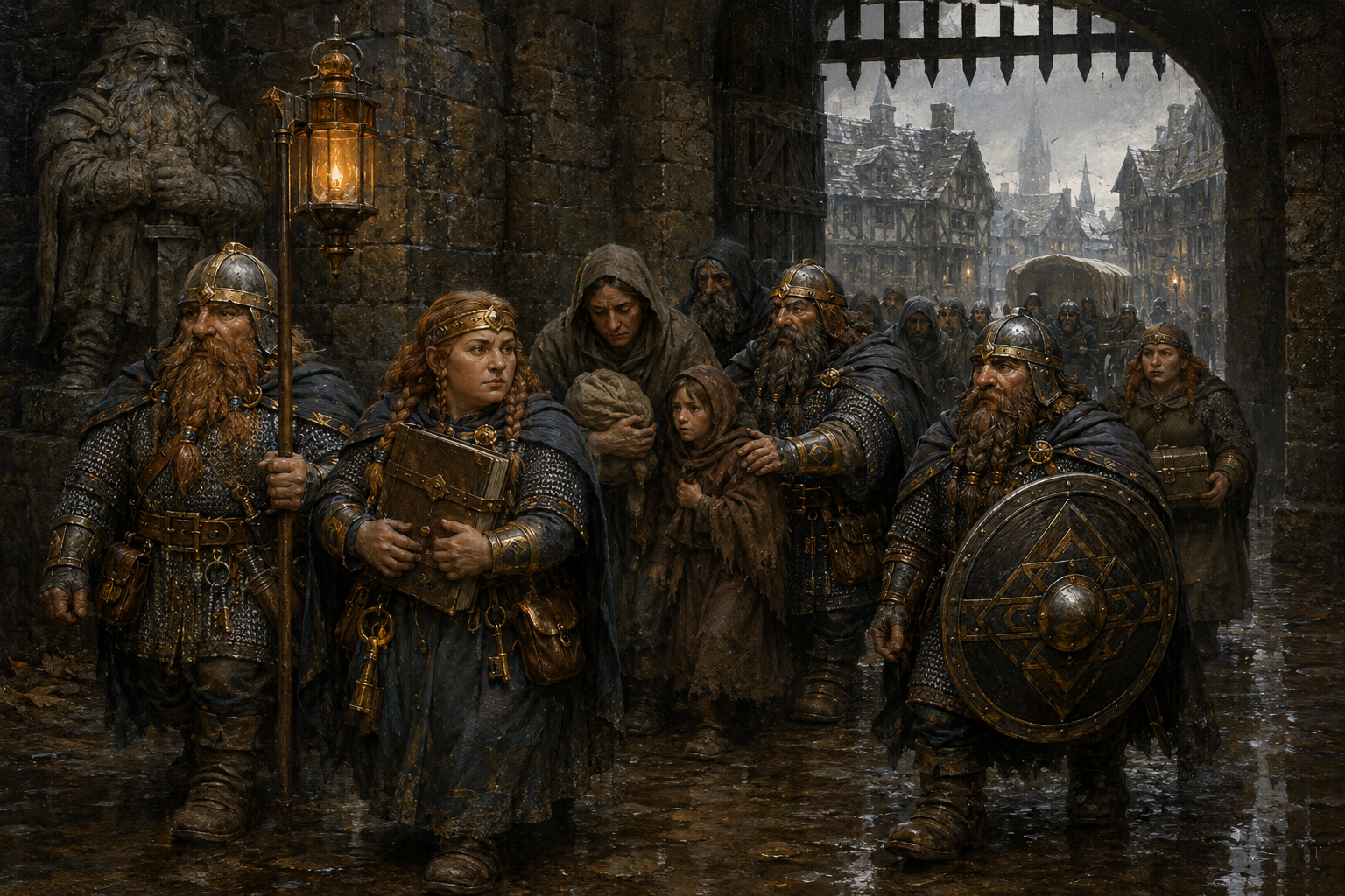 Dwarven guild members escort refugees and carry records and supplies through a plague-stricken medieval town