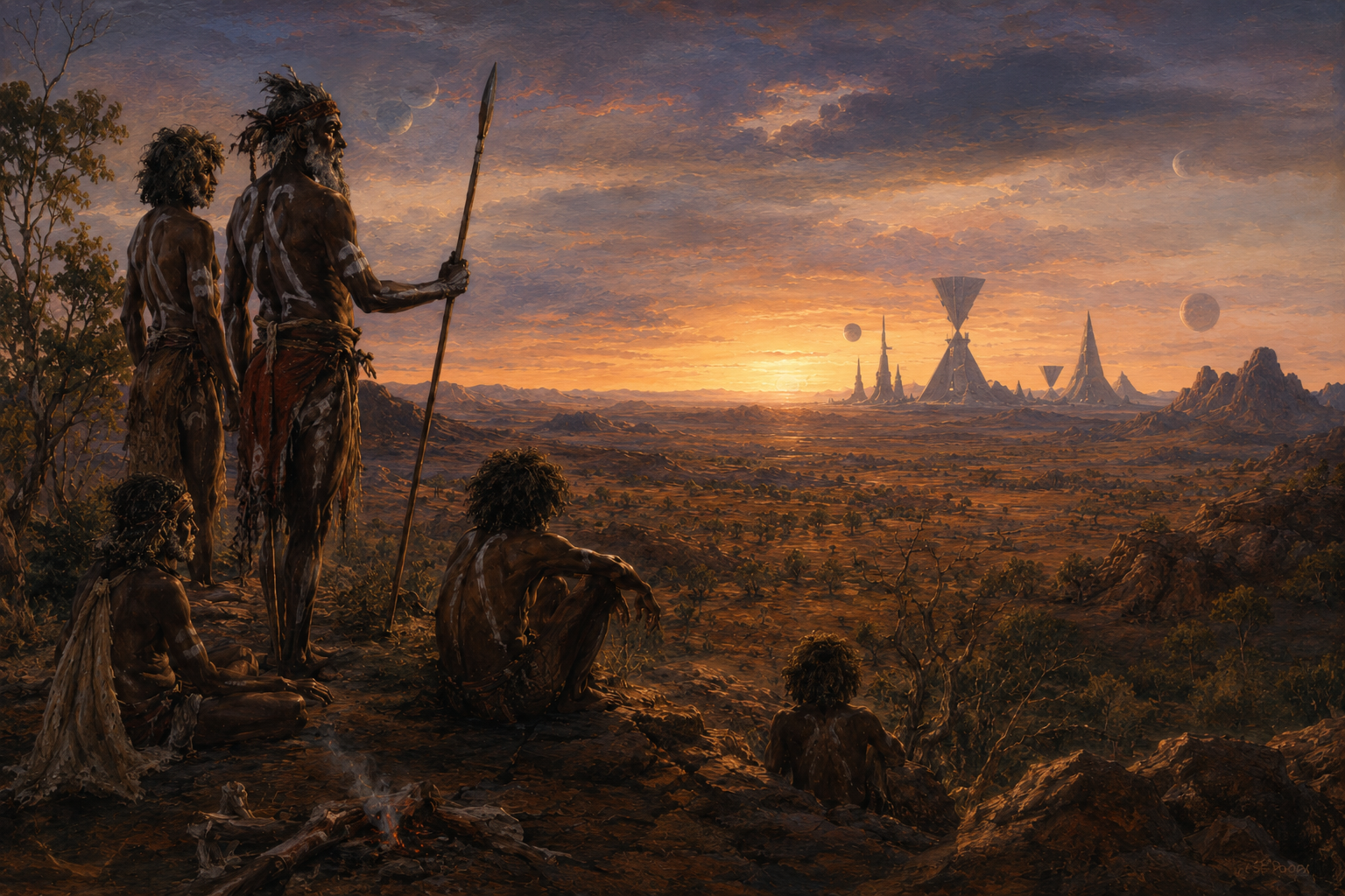 Indigenous custodians of Terra Australis overlooking the distant ruins of Pnakotus beneath an alien sky at sunset