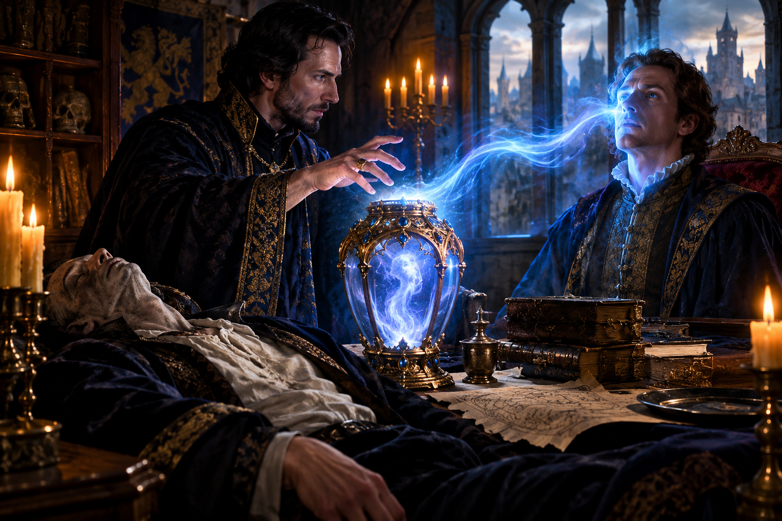A Magic Jar possession ritual in which a caster's soul passes through a magical vessel into another person's body