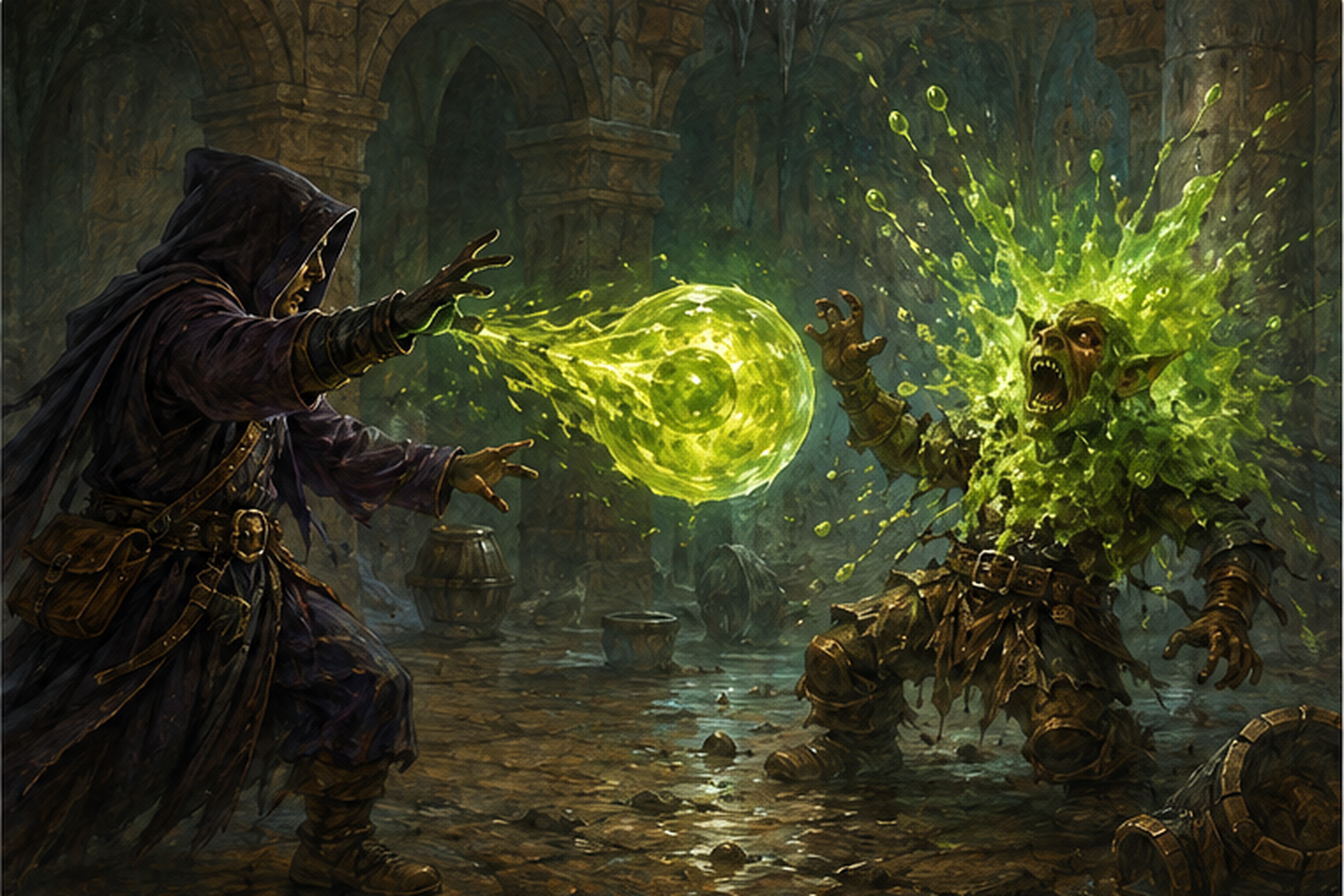 A medieval fantasy spellcaster directs a luminous green-gold globe of acid as it bursts against an armoured foe