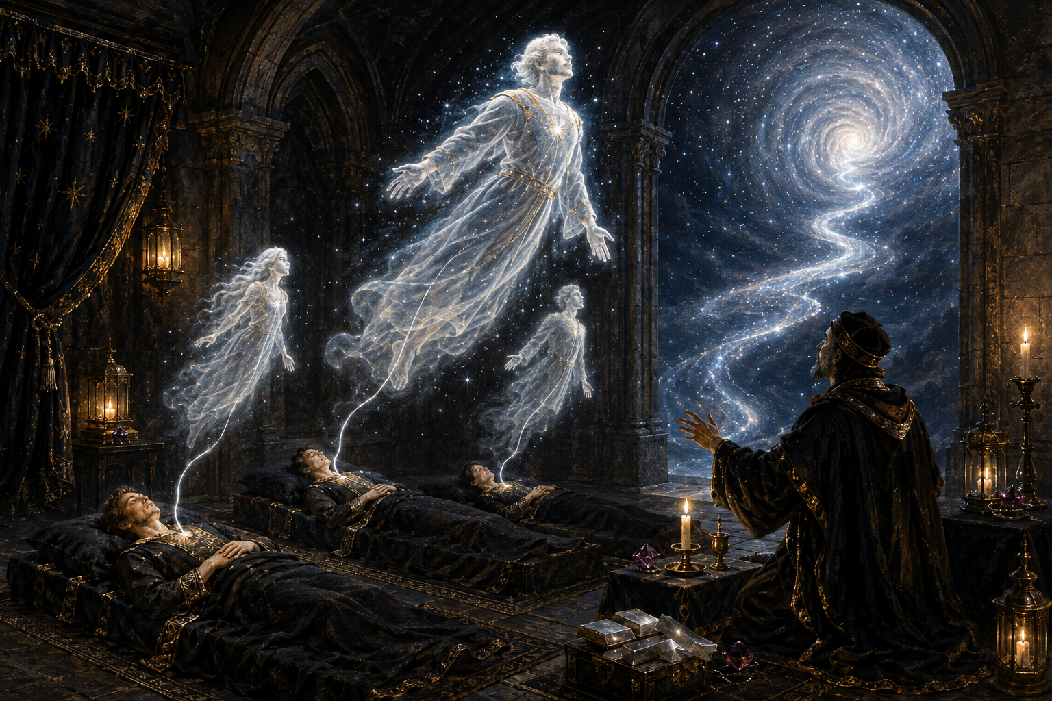 Silver-corded astral travellers rising from sleeping bodies towards the Astral Plane
