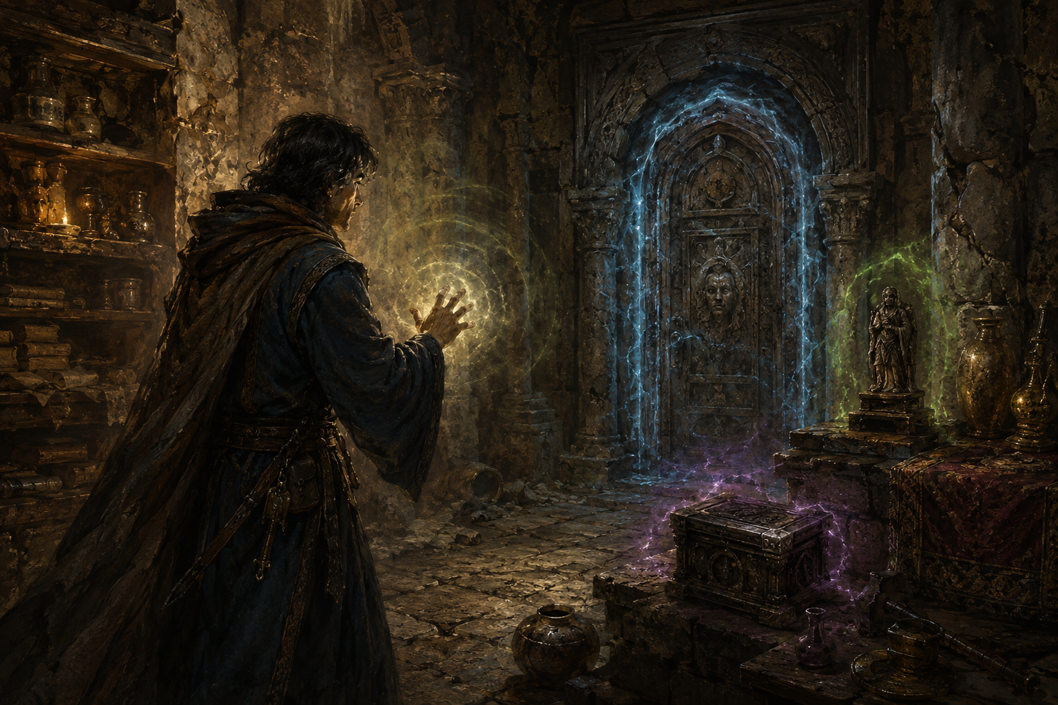 A spellcaster detecting magical auras around an ancient door, statue and enchanted chest