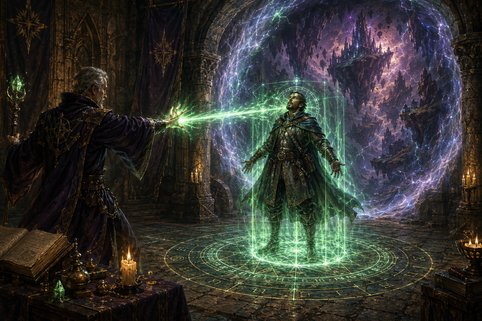 A spellcaster strikes a planar traveller with an emerald ray, fixing the traveller inside a luminous field before an open portal.