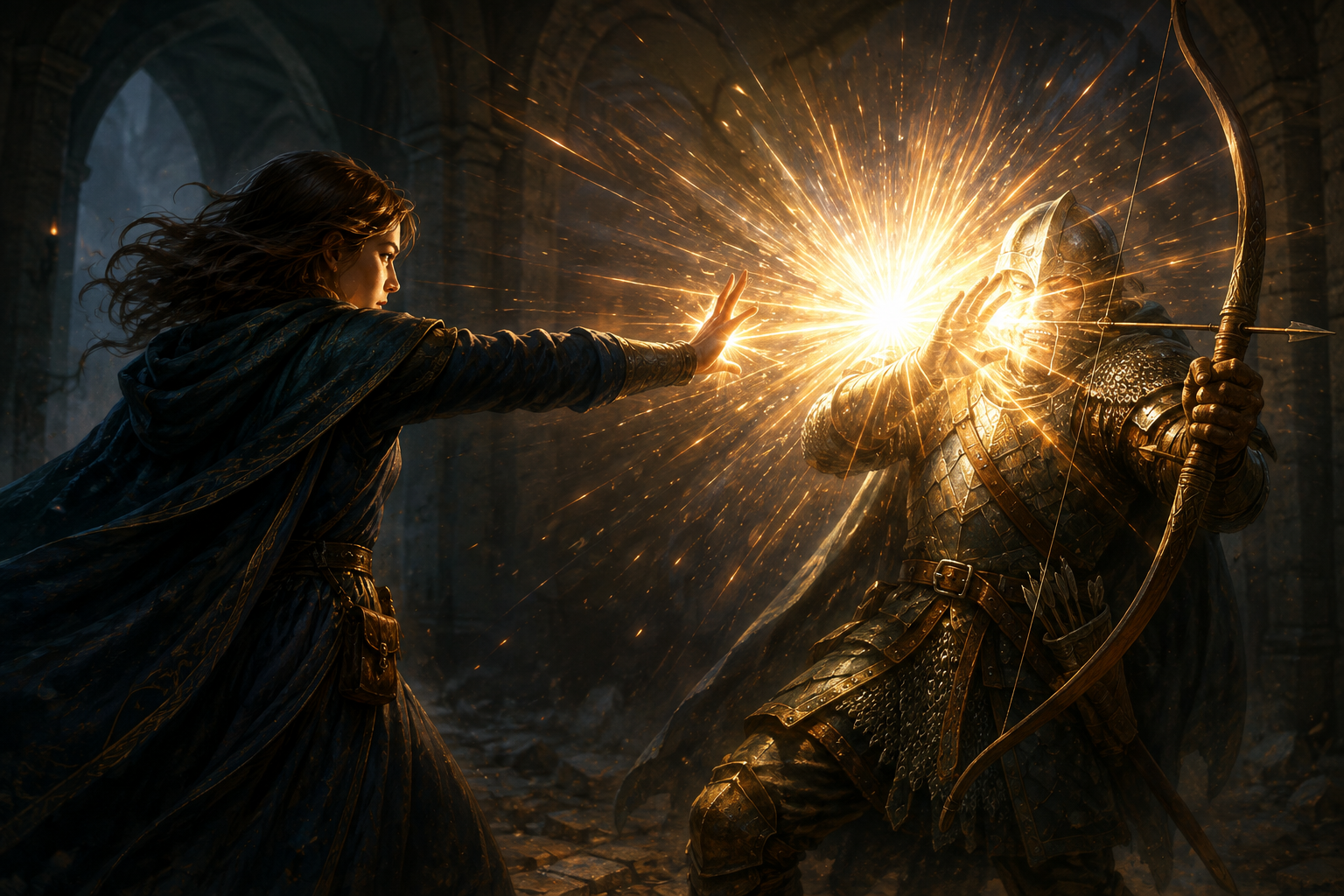 Flare spell: a mage dazzles an armoured archer with a sudden white-gold burst of light