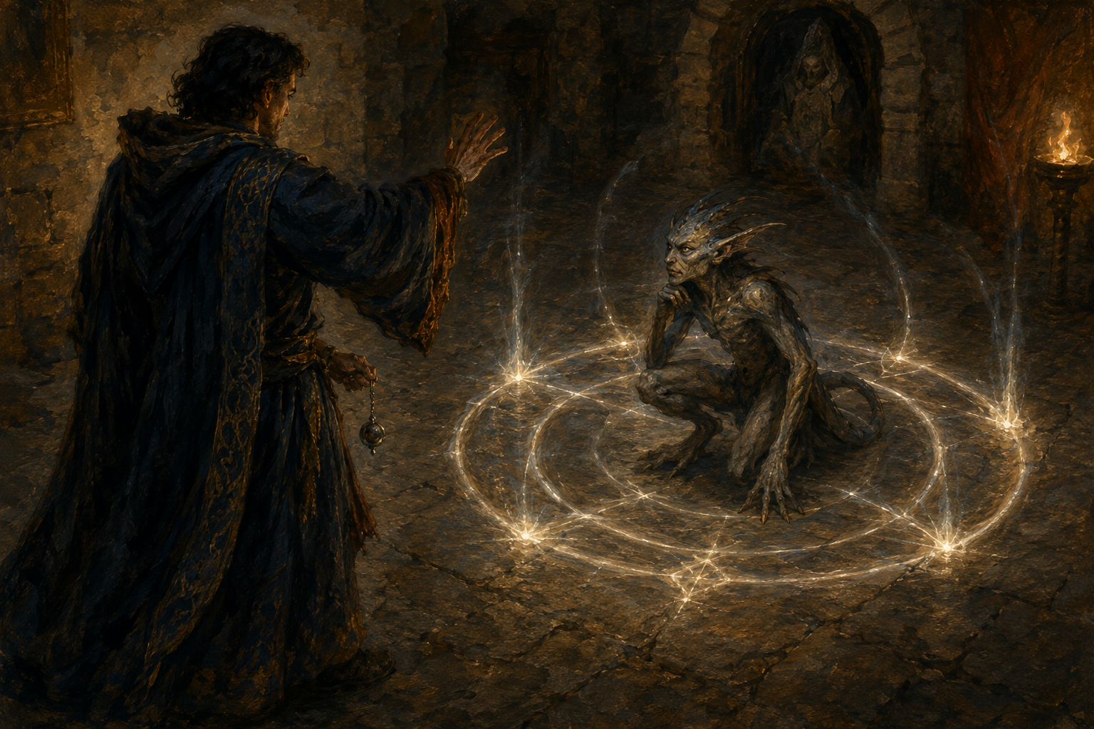 Lesser Planar Binding spell trapping a planar creature inside a magic circle