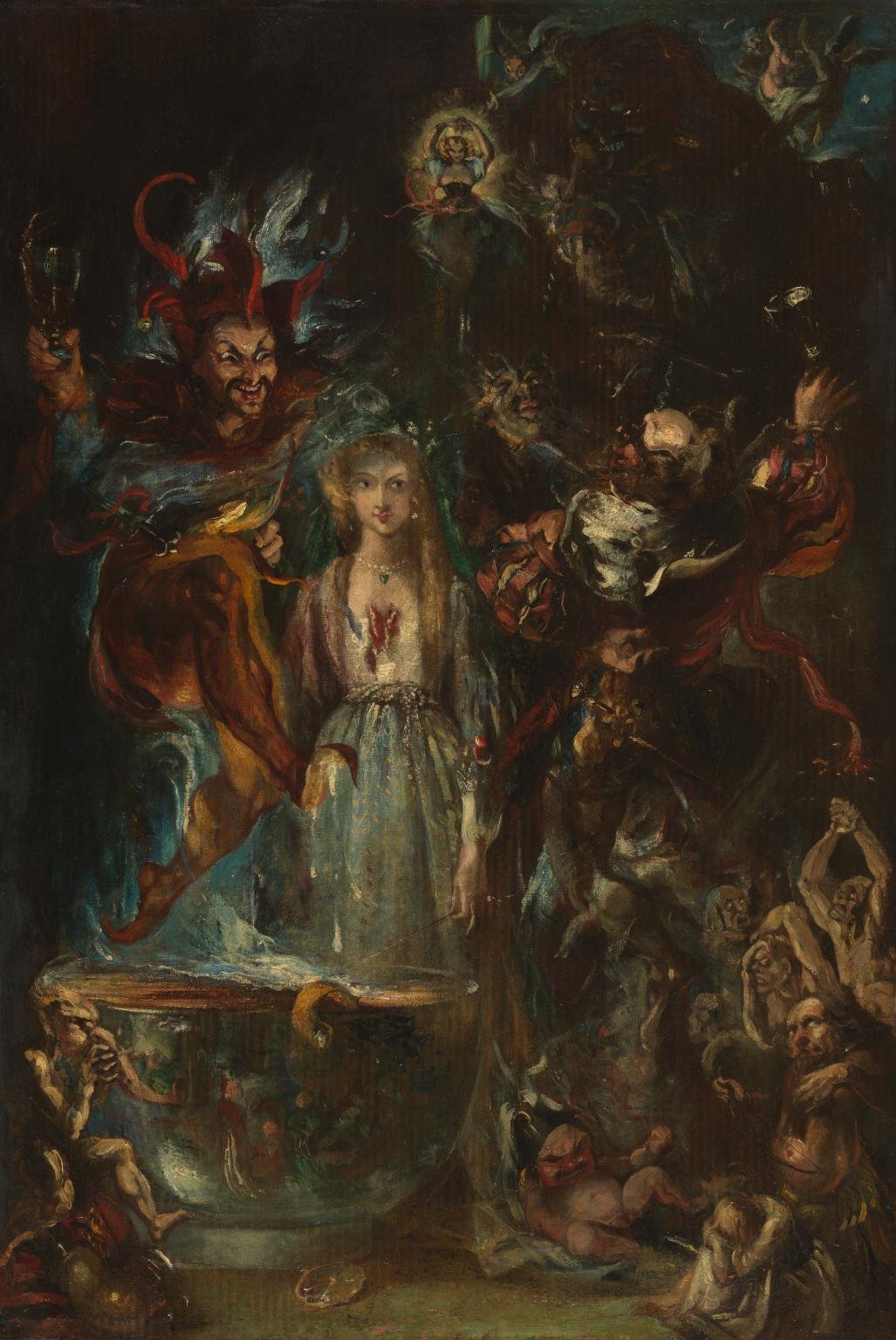 A dark Romantic painting of a supernatural apparition confronting a scholar, evoking the danger of conjuration and failed magical boundaries.
