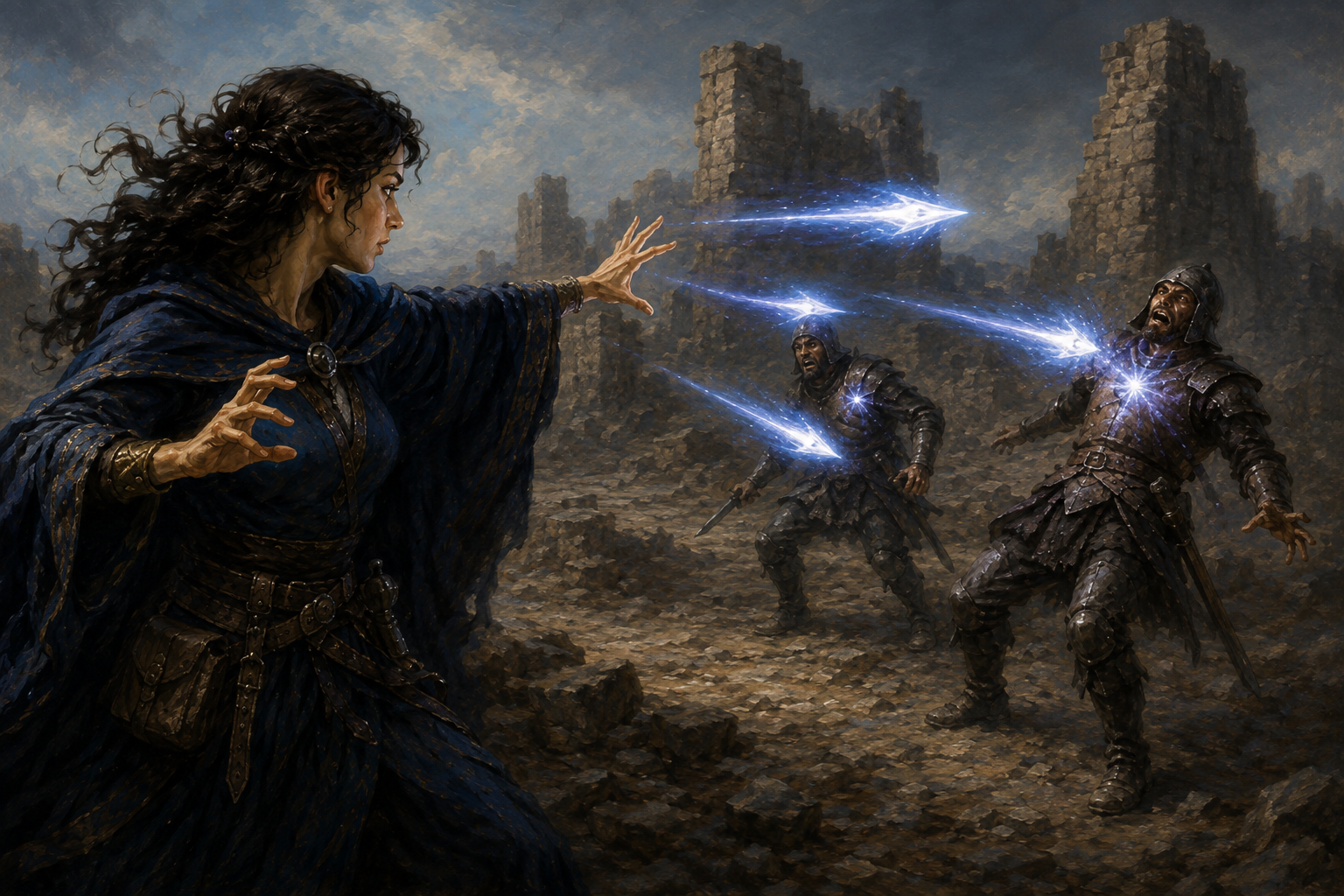 A dark-haired spellcaster launches three white-blue force darts at two armoured enemies among ruined battlements.