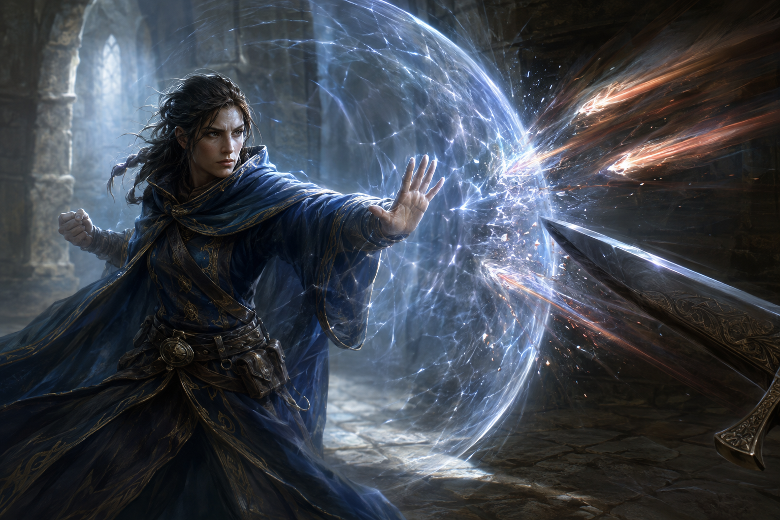 Shield spell force barrier raised by a mage against an incoming weapon and magical barrage