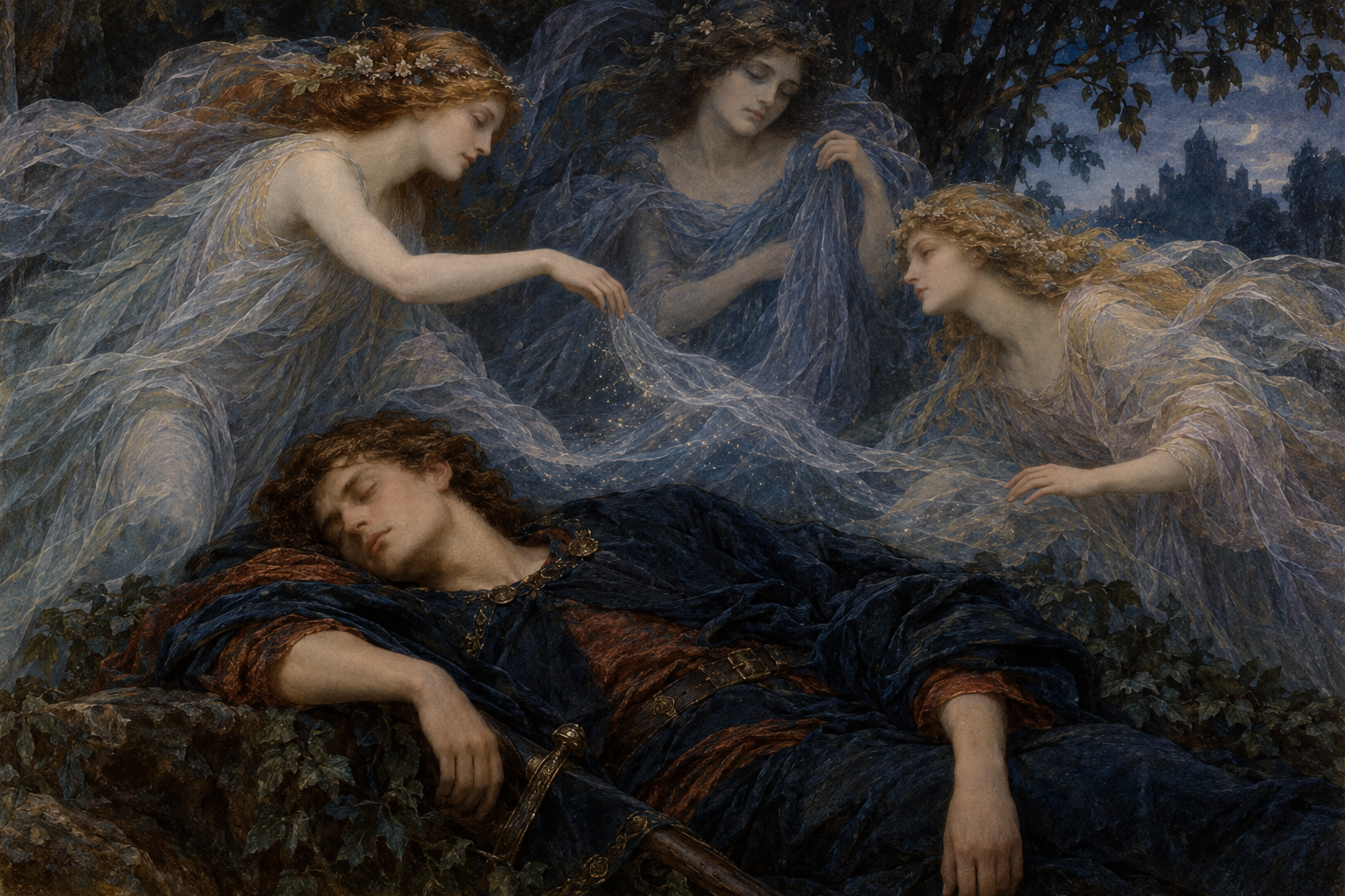 A sleeping medieval swordsman lies beneath dark trees while three ethereal women weave luminous veils of enchanted sleep around him