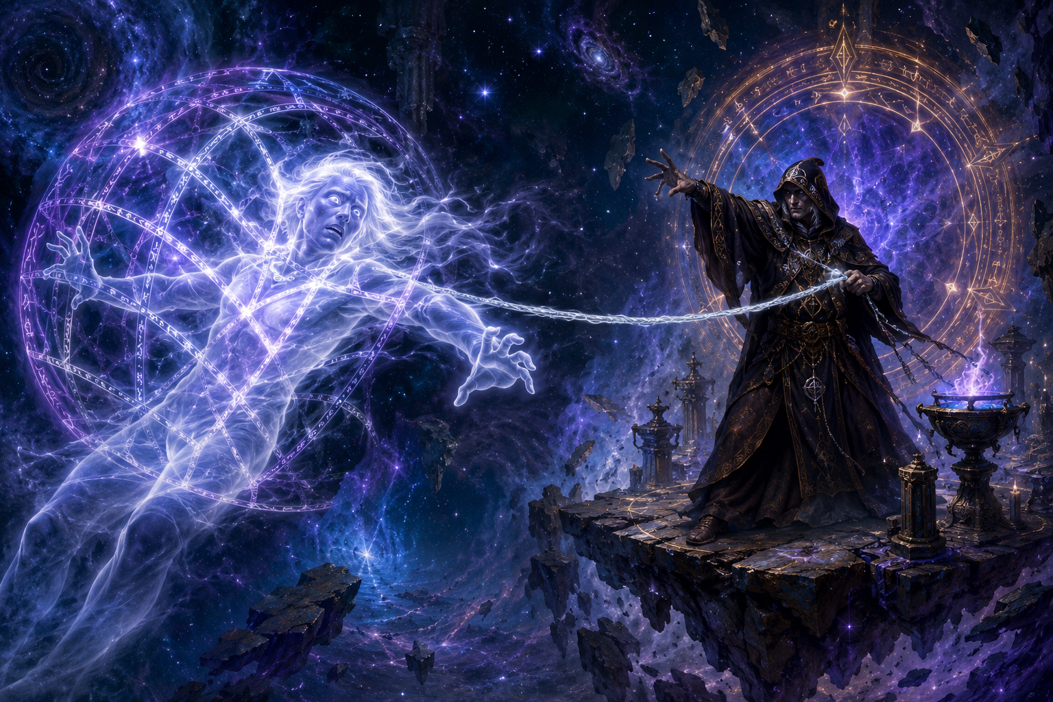 A warded occultist pulls a silver-corded astral traveller into a glowing magical snare on the Astral Plane