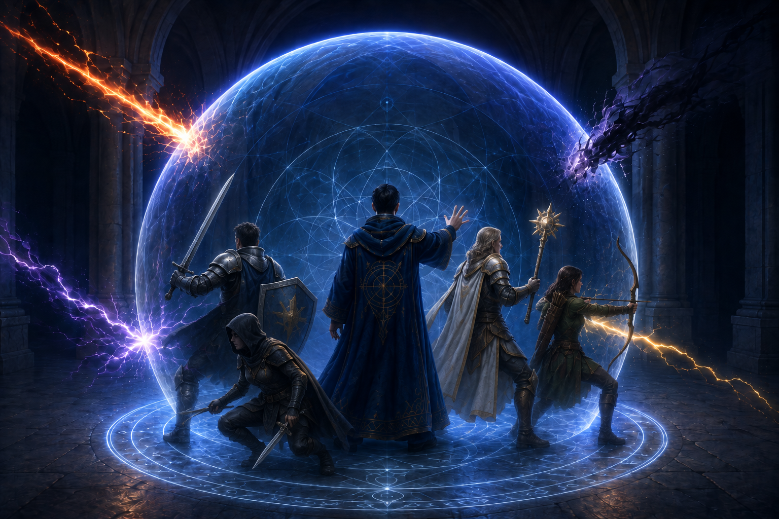 An abjurer shields a fighter, rogue, cleric and ranger beneath a glowing magical ward as hostile spells strike its boundary.