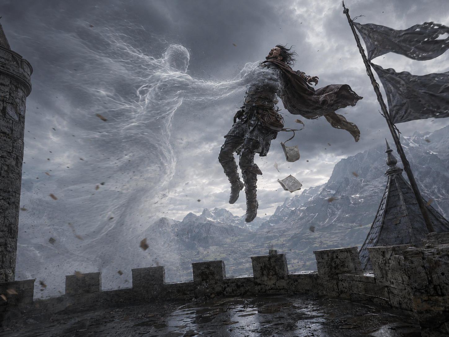 Aerial Servant revealed by wind and airborne debris while seizing a traveller above castle battlements