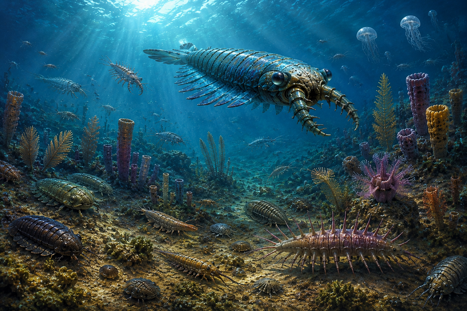 Cambrian sea with Anomalocaris hunting above trilobites, Hallucigenia and other strange early marine animals