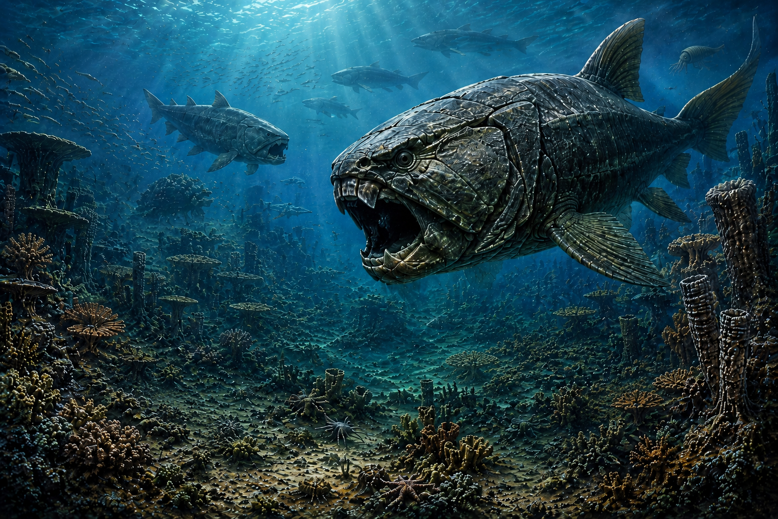 Devonian sea dominated by Dunkleosteus among early sharks, lobe-finned fishes and ancient reef life
