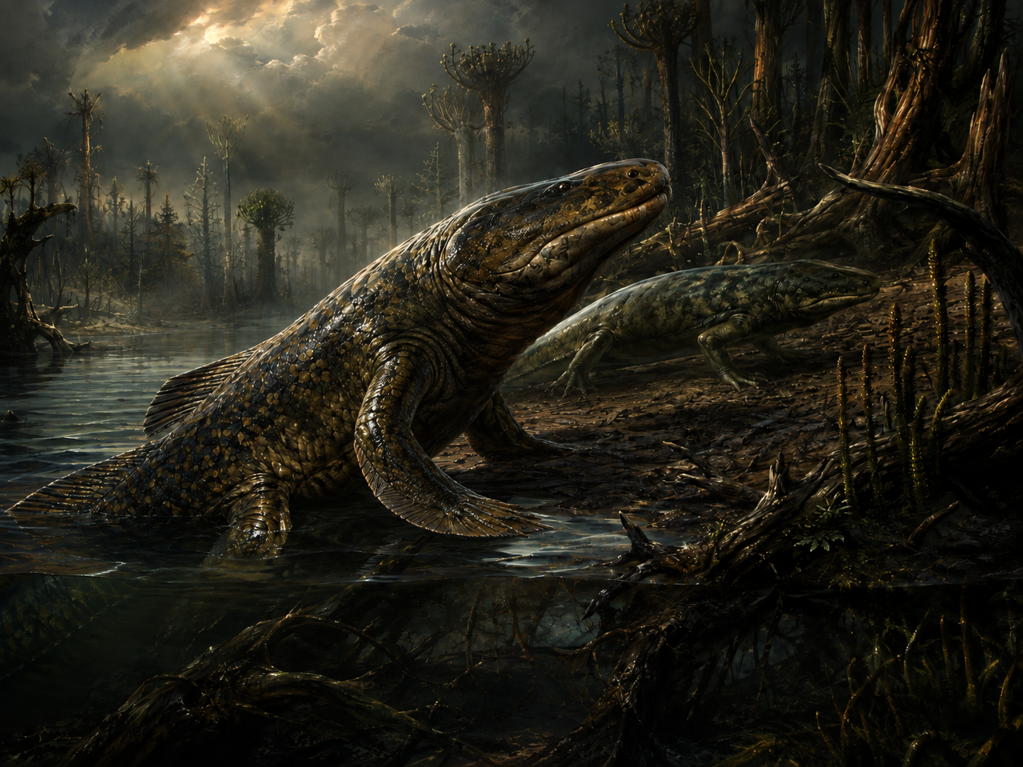 Dark primordial Devonian wetland with powerful fish-like early tetrapod creatures pushing through shallow water toward the muddy shore