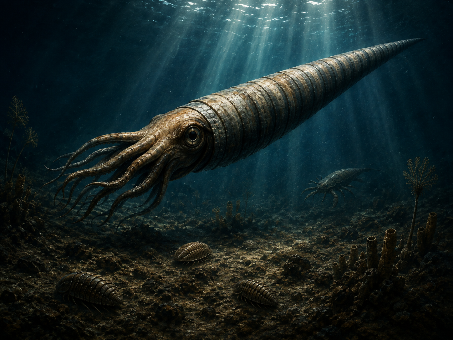 Ordovician sea dominated by a giant straight-shelled orthocone above trilobites and an early eurypterid