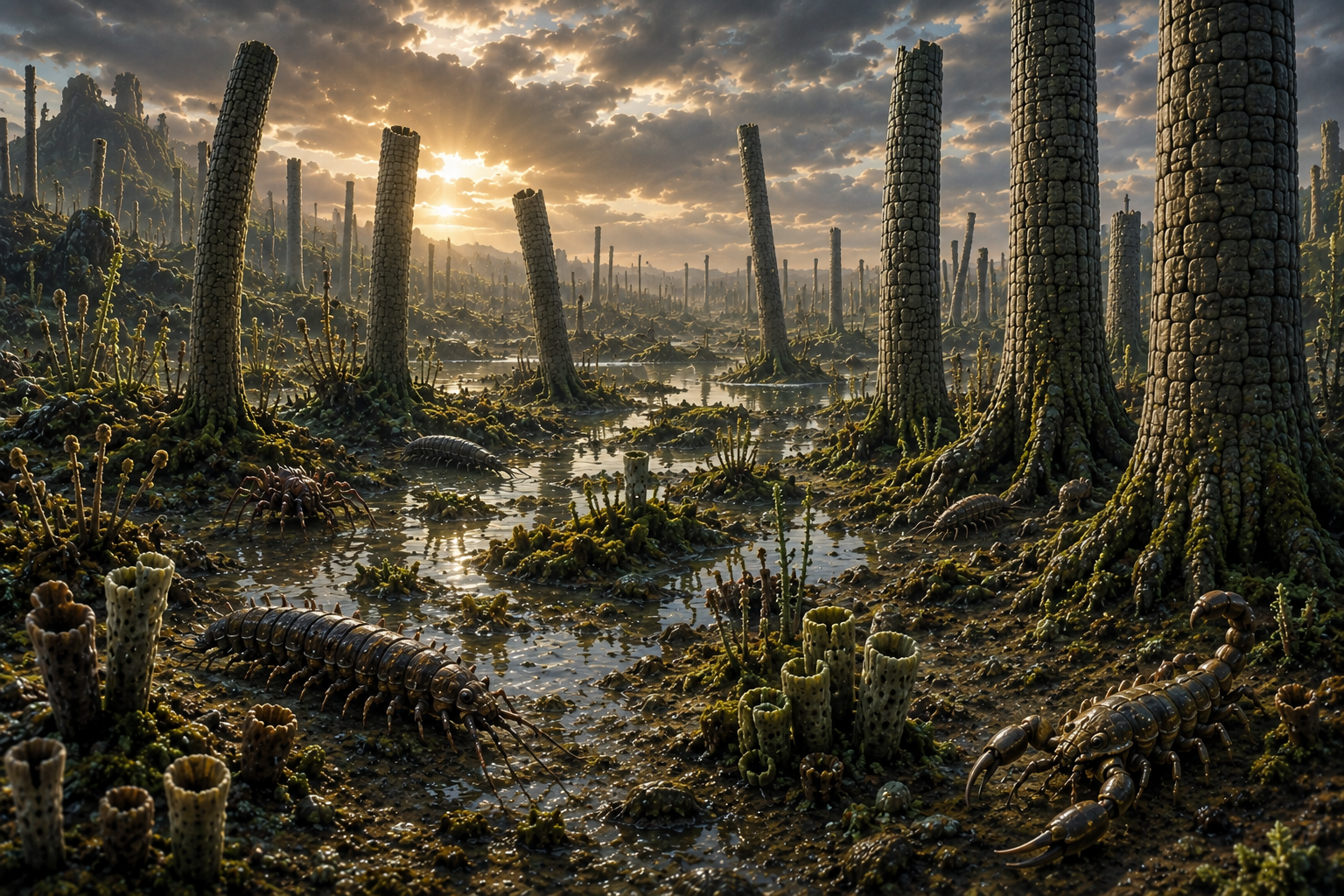 Ancient wet terrestrial landscape with low primitive vegetation, arthropods and towering branchless Prototaxites pillars