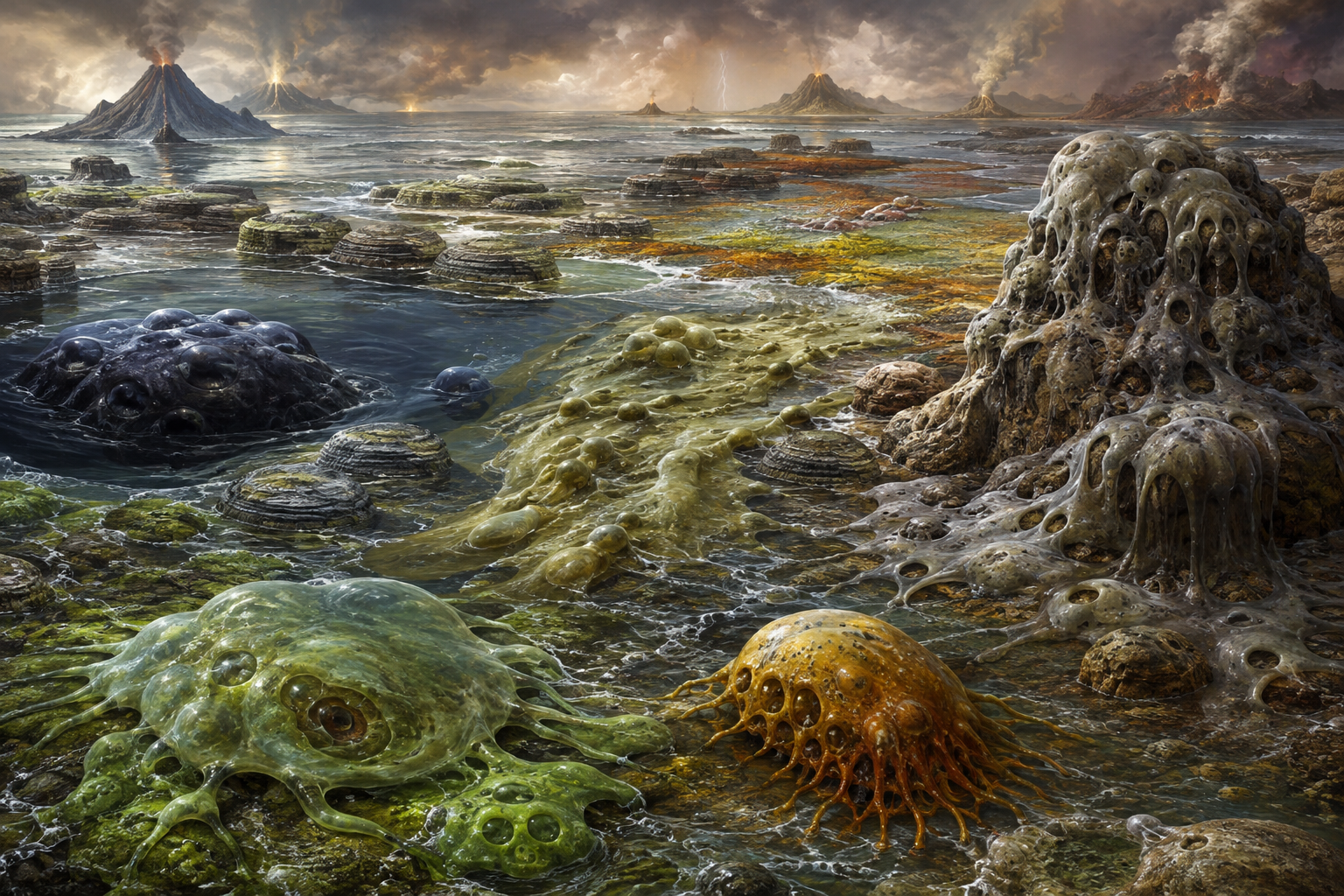 Primordial oozes, gelatinous colonies and amoeboid monsters spreading through ancient volcanic shallows among stromatolites