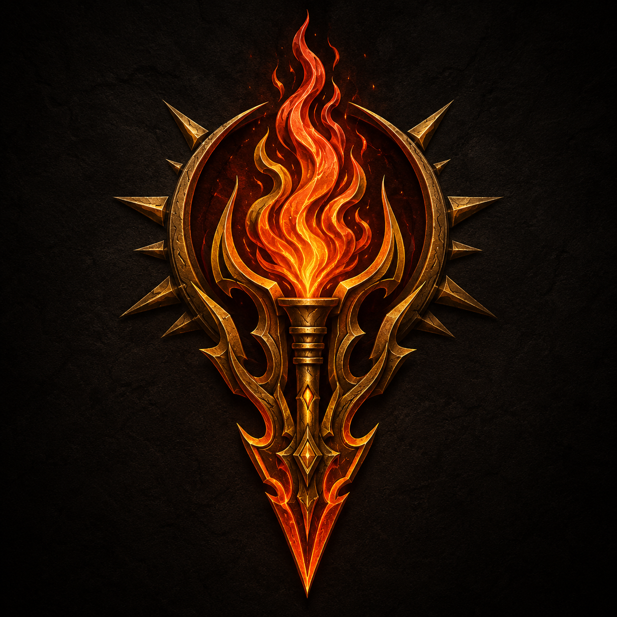 Agni's divine symbol, a rising sacred flame above a downward-pointing burning spear
